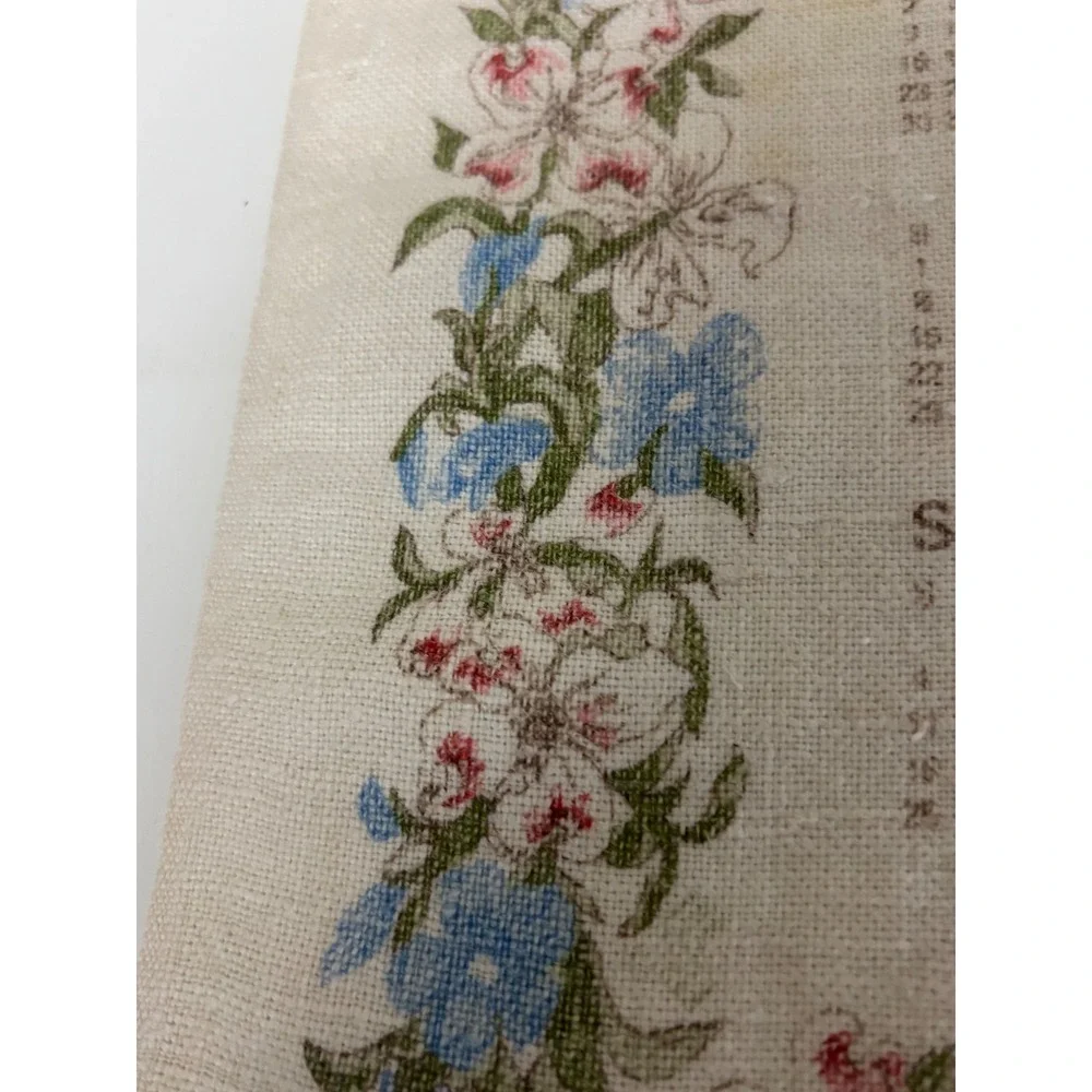 Vintage 183 Linen Calendar Tea Towel Floral Blue Red Mid Century Kitchen Decor
